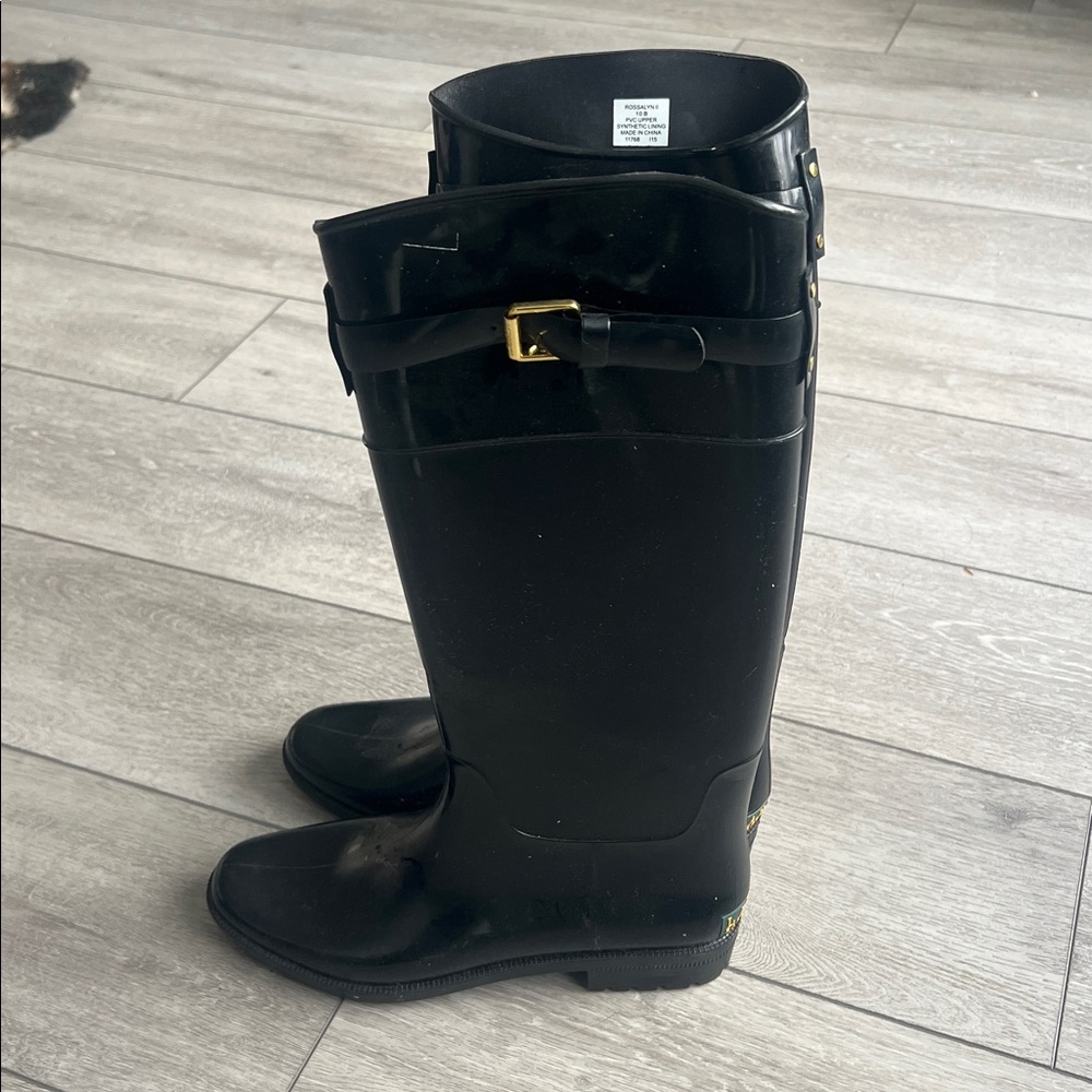 Ralph Lauren Black Tall Rain Boots with classic Gold Buckle size 10 - Picture 7 of 8